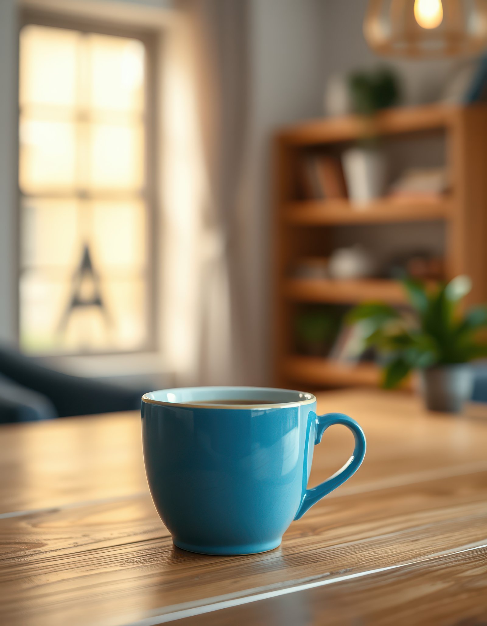 Bright blue coffee cup sits on wooden table with soft interior light and blurred background elements in a cozy room